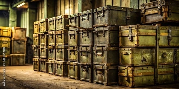 Fototapeta 4. A stack of olive drab ammunition crates with worn labels and rusty metal bands, in a dimly lit warehouse, a realistic photo image.