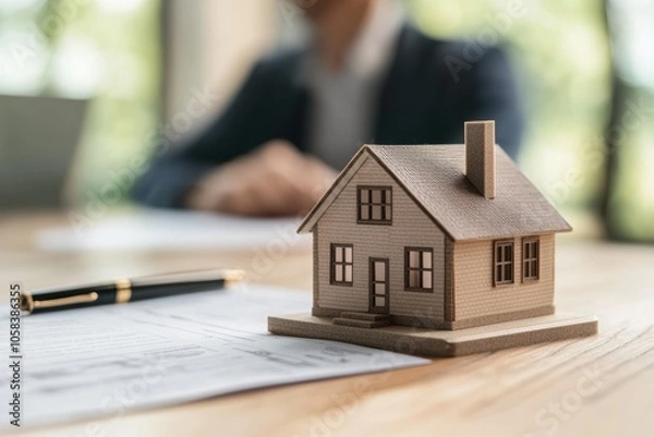Fototapeta A small model of a house sits on a desk in a modern office, symbolizing real estate