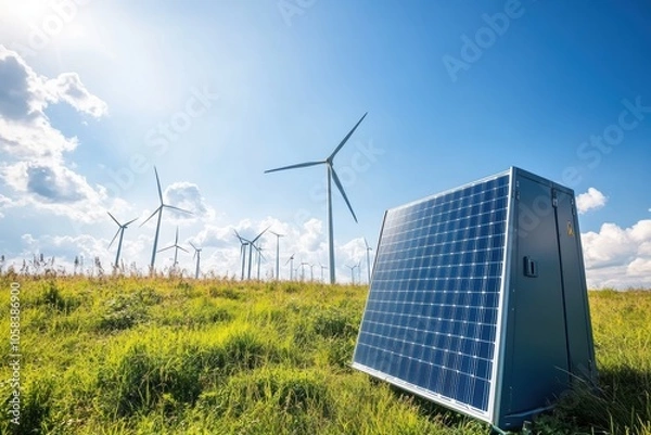 Fototapeta A solar panel is attached to a large battery storage container, standing in an open grassy