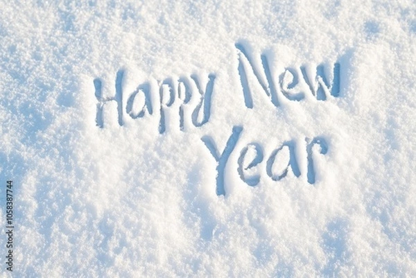 Obraz Happy new year message written in fresh snow for festive winter celebrations