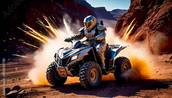 Fototapeta Astronaut in armored and robotic spacesuit in action on a ATV on planet surface, Starship troopers, space exploration and galaxy study mission, space science. Robot astronaut