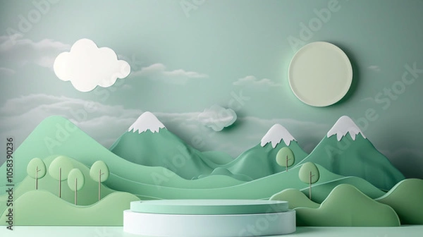 Fototapeta cartoon 3d green little forest mountain and sun cloud