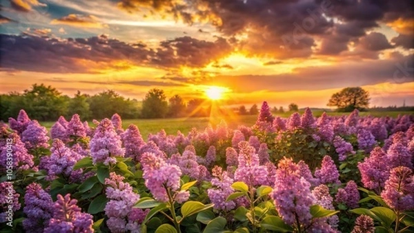 Obraz 9. A dreamy lilac field at sunset, with the soft warm light casting a golden glow, a realistic photo image.