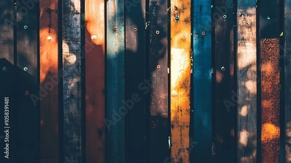 Fototapeta Rustic Wooden Fence with Colorful Stripes for Background or Texture Smooth Blue Background with Copy Space for Advertisements