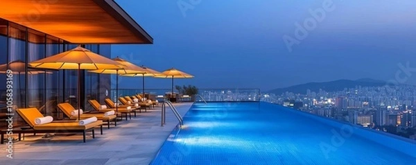 Obraz Hotel amenities at a rooftop pool with comfortable sun loungers, umbrellas, and breathtaking city views warm, vibrant lighting enhances an atmosphere of luxury and relaxation