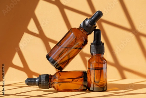 Obraz Three bottles serum in glass package made of amber glass with dropper lids. Brown background with rays of sunlight and shadows. Concept of rejuvenation and body care
