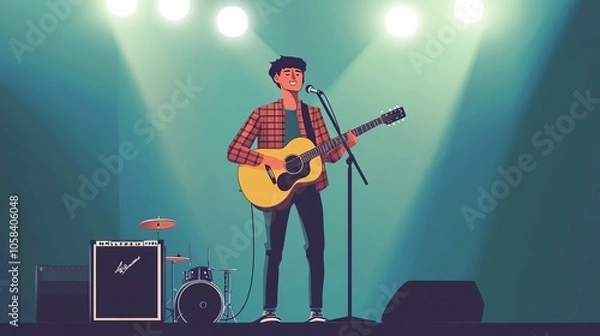 Fototapeta A young male musician performing live on stage with a guitar under bright lights.