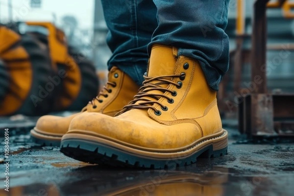 Fototapeta Workwear boots highlight quality design with slip-resistant features, ideal for professionals needing durable footwear in industrial settings.