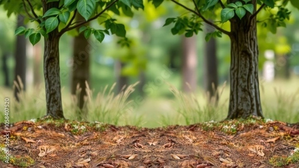 Fototapeta Forest floor with trees and lush greenery. Natural and tranquil woodland scene