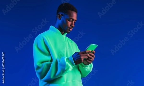 Fototapeta Young man wearing a bright green hoodie interacts with a smartphone against a vibrant blue background during the evening