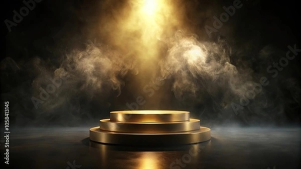 Fototapeta gold podium on dark background with smoke empty pedestal for award ceremony