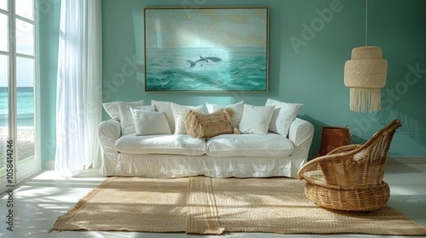 Fototapeta A white sofa with pillows sits in a living room with a woven chair and a rug. A painting of a dolphin jumping out of the water hangs on the wall.