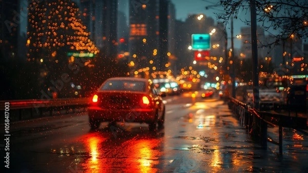 Fototapeta Cityscape at Night with Rain and a Car in the Foreground Blank Background with Copy Space for Design Projects