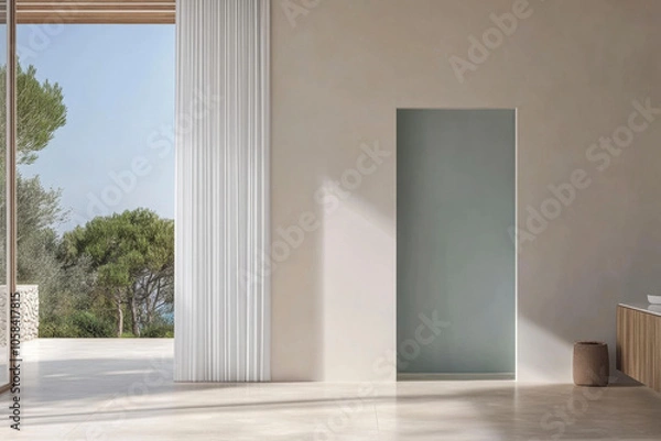 Fototapeta Modern interior design showcasing minimalist architecture and serene landscape view in daylight