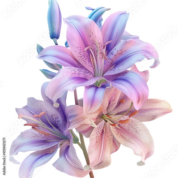 Fototapeta A bouquet of three pink and purple lilies with blue highlights on petals.