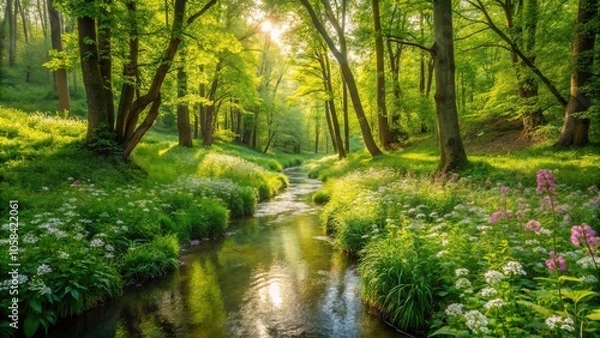 Fototapeta Lush green forest with a babbling brook and wildflowers in summer, vegetation, wildflowers, scenery