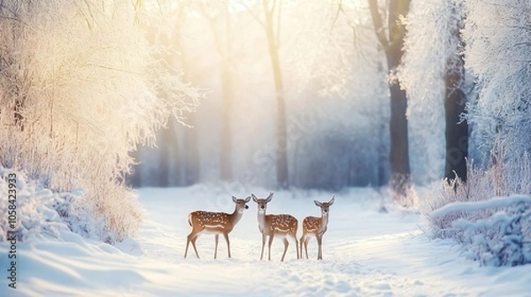 Fototapeta Deer in a Snowy Forest at Sunset