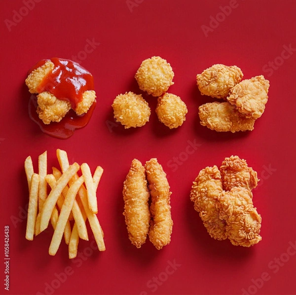 Fototapeta french fries, nuggets and fried chicken wings, top view, katchup sauce, minimal, delicious and tempting, fried food, red empty background.