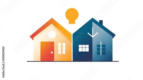 Fototapeta Minimalist illustration of two neighboring homes, one in warm colors and one in cool colors, symbolizing diversity and unity in a community.