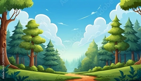 Fototapeta Forest sky and natural environment or forest center road,  cartoon background image.