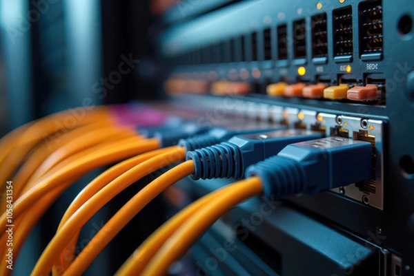 Fototapeta A network server rack with vibrant Ethernet cables, connectors, and a blue panel, showcasing the orderliness and complexity of modern IT infrastructure setups.