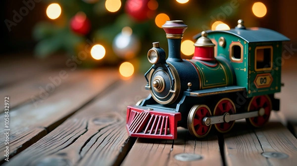 Fototapeta Close-up of a festive toy train against a softly lit Christmas tree, evoking holiday nostalgia
