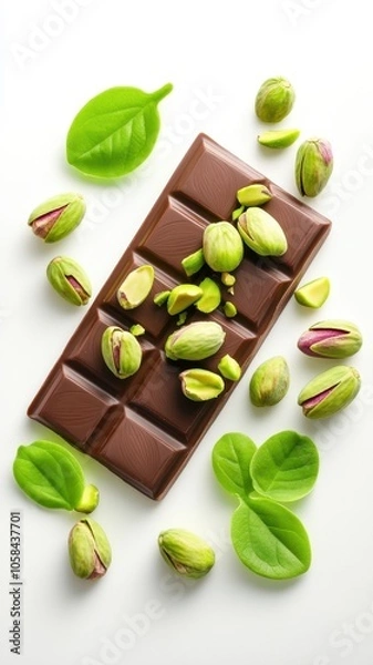 Obraz Dubai Chocolate Kunafa Pistachio on white background,Dubai Chocolate bar with green kadayif and pistachio spread,popular and viral chocolate 2024,space for text.