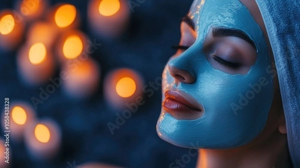 Fototapeta A woman enjoys a rejuvenating facial mask treatment designed to illuminate her skin, with a focus on the illuminating facial mask. The scene includes ample copy space for design use.