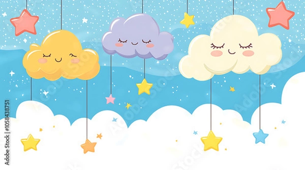 Fototapeta Cute colorful clouds with stars in bright sky create cheerful atmosphere