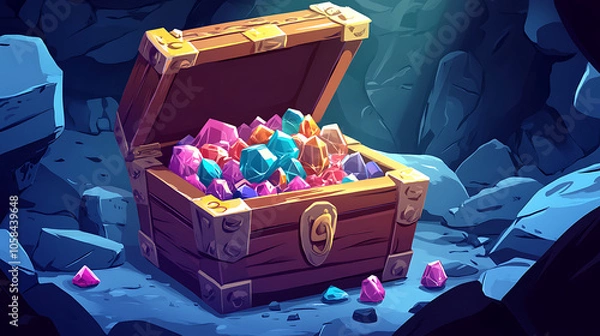 Fototapeta colorful treasure chest filled with gems in cave setting