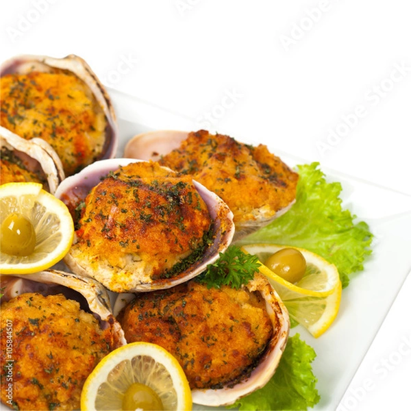 Fototapeta Baked Stuffed Clams. Selective focus.
