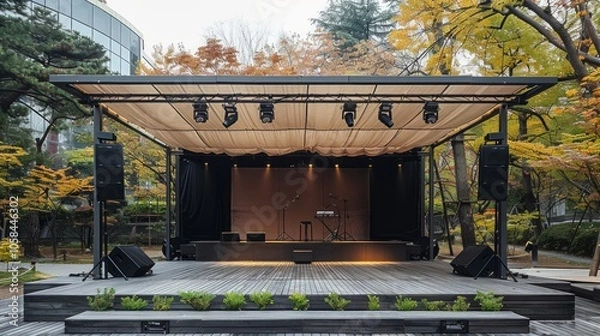 Fototapeta An outdoor stage with a wooden deck, black curtains, and a white canopy, lit by spotlights, is ready for a performance.