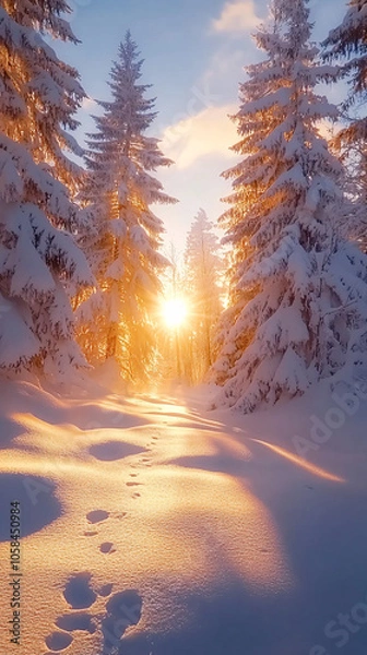 Obraz golden winter sunrise through snowy forest with footprints in snow