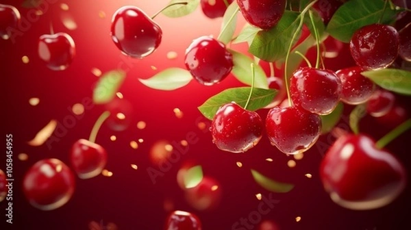 Fototapeta Fresh Cherries Falling on Red Background  3D Render Illustration