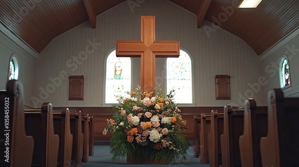 Fototapeta Wooden cross adorned with flowers in an empty chapel, representing Christian faith in a quiet, reflective space.