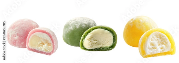 Fototapeta Three delicious mochi ice creams with slices in different colors on transparent background