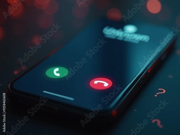 Fototapeta A close-up shot of a smartphone screen displaying an incoming call from Unknown