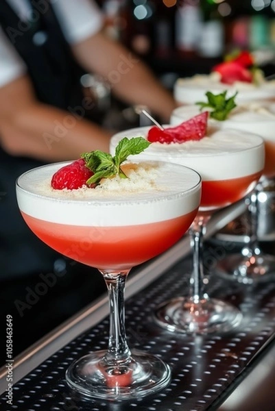 Fototapeta Colorful layered cocktails with fresh mint and raspberry garnishes served at an upscale bar during an evening gathering