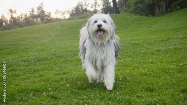 Fototapeta A white and gray dog running across a lush green field