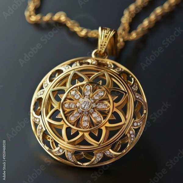 Obraz A close-up of a gold pendant with a diamond-encrusted flower design.