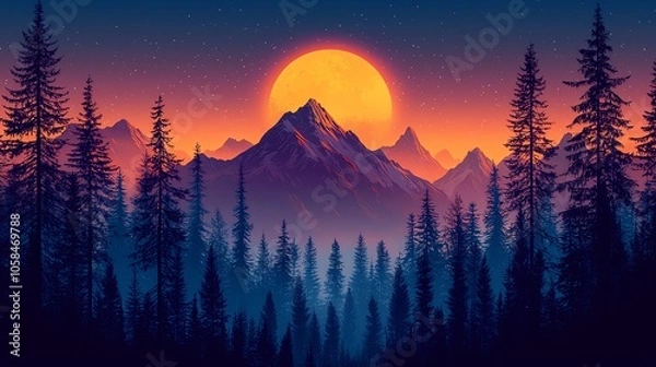 Obraz Sunset over mountains with silhouette trees