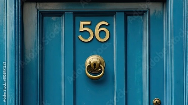 Fototapeta Close-up of a house number 56 sign on a solid blue door, highlighting the design and color contrast, with ample copy space for text and branding.