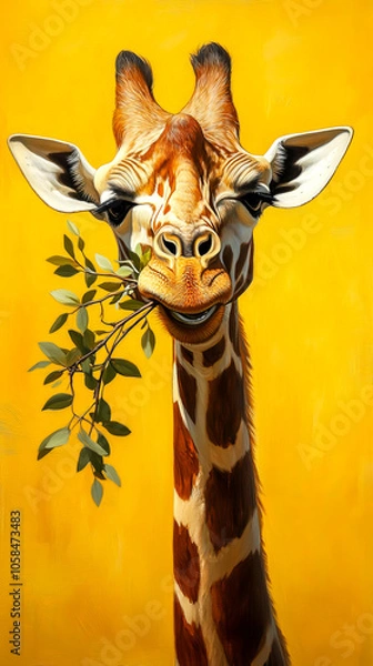 Obraz Cheerful close-up illustration of a smiling giraffe munching on leaves, set against a vibrant yellow background, conveying joy and playfulness