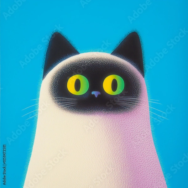 Obraz Digital artwork of an adorable black and white cat with bright green eyes against a vibrant blue background, conveying a playful, modern style