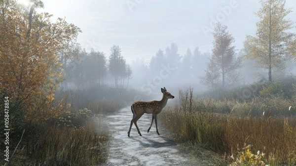 Fototapeta Deer in Foggy Forest