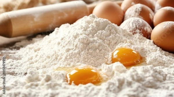 Fototapeta Bakery essentials including flour, eggs, and a rolling pin arranged in a close-up composition, ideal for creating baked goods. Photo style with ample copy space.