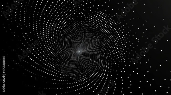 Obraz 2410_015.white dotted swirl pattern on black, abstract geometric illustration, circular vortex design, dynamic motion and contrast, optical illusion effect, minimalist vector art, hypnotic flow