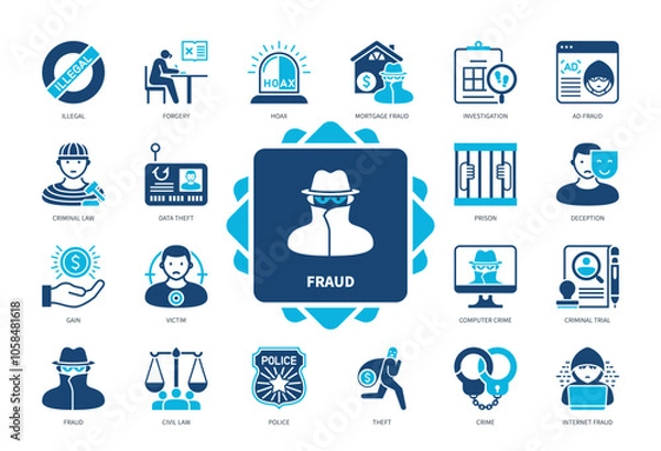Obraz Fraud icon set. Forgery, Data Theft, Internet Fraud, Deception, Victim, Mortgage Fraud, Investigation, Hoax. Duotone color solid icons