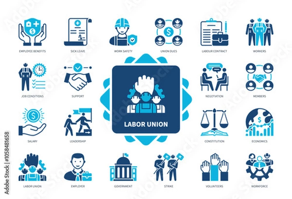 Obraz Labor Union icon set. Union Dues, Workforce, Job Conditions, Employee Benefits, Members, Constitution, Workforce, Employer. Duotone color solid icons