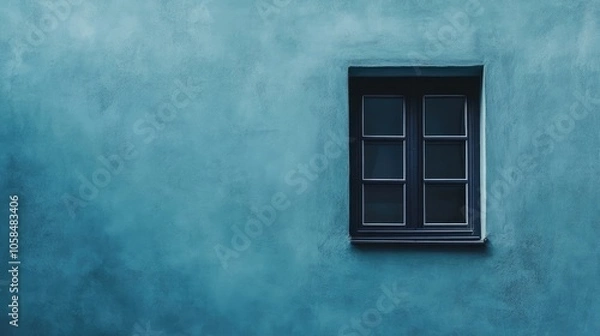 Fototapeta Panoramic view of a dark window on a wall with a blue sky recently captured, providing a serene atmosphere with ample copy space for text or design.